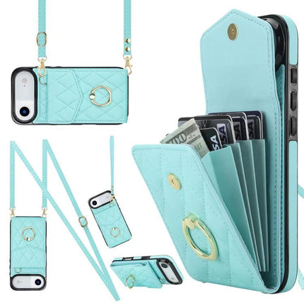 Travel Phone Case With Lanyard For Daily Essentials in quilted aqua PU leather with card holder and gold ring, hands-free crossbody phone wallet