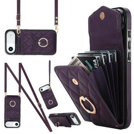Travel Phone Case With Lanyard For Daily Essentials - purple quilted PU leather wallet case with card slots and detachable lanyard