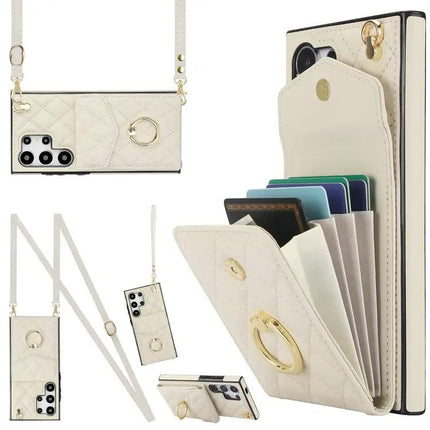 Rhombic Texture Card Wallet Phone Case With Lanyard