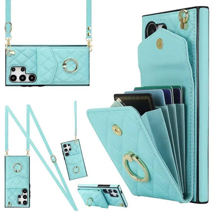 Rhombic Texture Card Wallet Phone Case With Lanyard