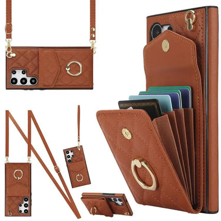 Rhombic Texture Card Wallet Phone Case With Lanyard