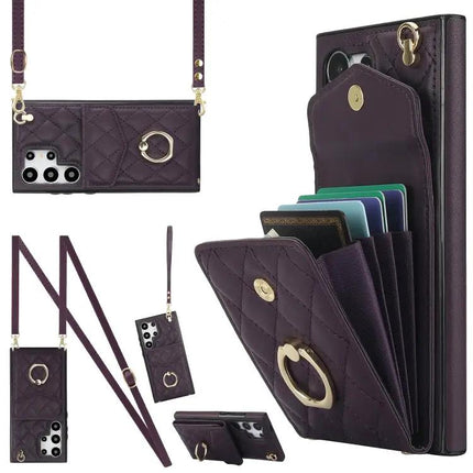 Rhombic Texture Card Wallet Phone Case With Lanyard