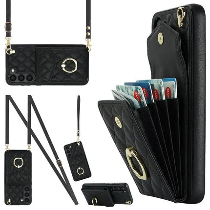 Rhombic Texture Card Wallet Phone Case With Lanyard