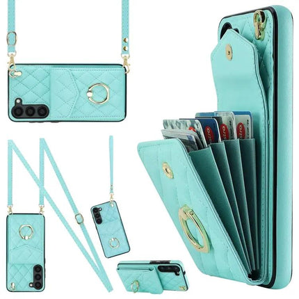 Rhombic Texture Card Wallet Phone Case With Lanyard
