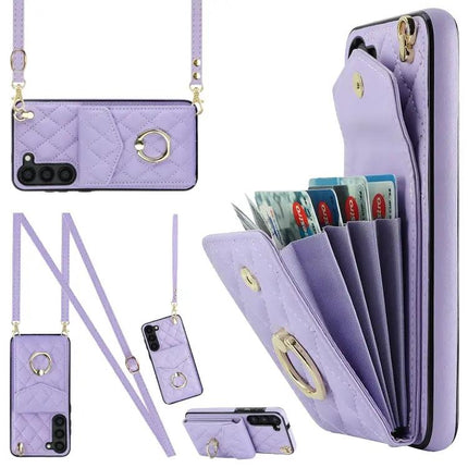Rhombic Texture Card Wallet Phone Case With Lanyard