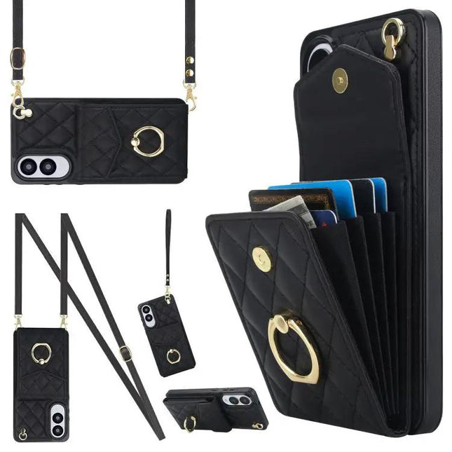 Rhombic Texture Card Wallet Phone Case With Lanyard