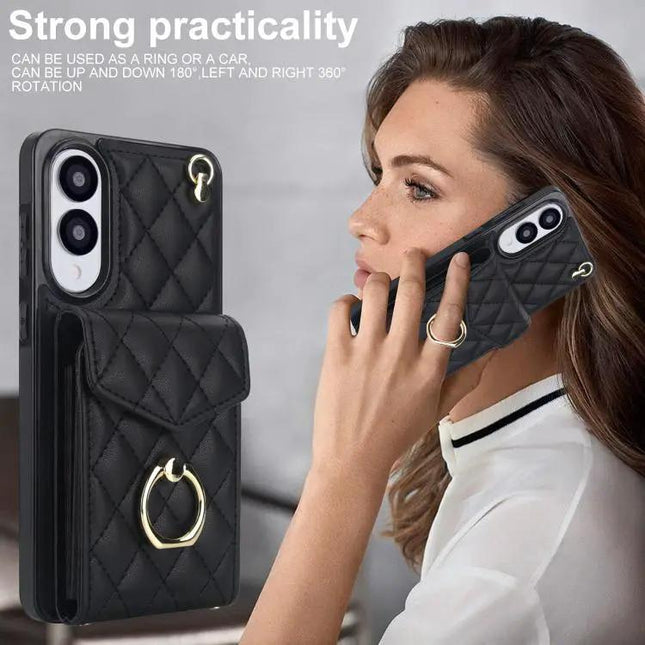 Rhombic Texture Card Wallet Phone Case With Lanyard
