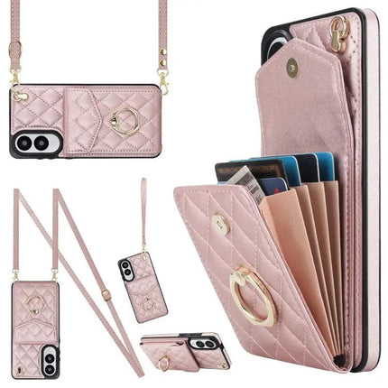 Rhombic Texture Card Wallet Phone Case With Lanyard