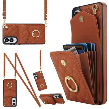 Rhombic Texture Card Wallet Phone Case With Lanyard