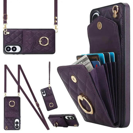 Rhombic Texture Card Wallet Phone Case With Lanyard