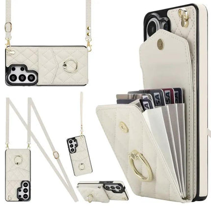 Rhombic Texture Card Wallet Phone Case With Lanyard