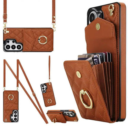 Rhombic Texture Card Wallet Phone Case With Lanyard