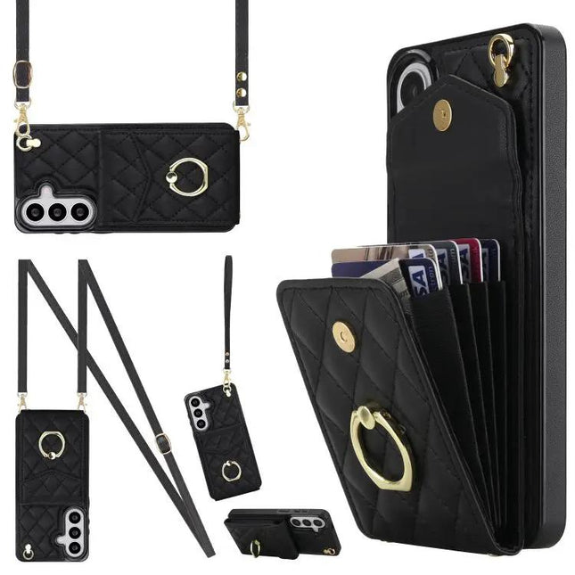 Rhombic Texture Card Wallet Phone Case With Lanyard