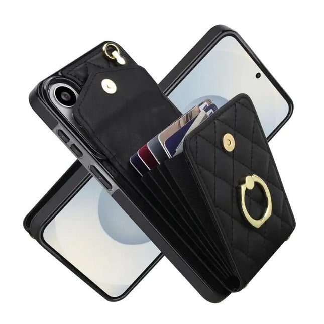 Rhombic Texture Card Wallet Phone Case With Lanyard