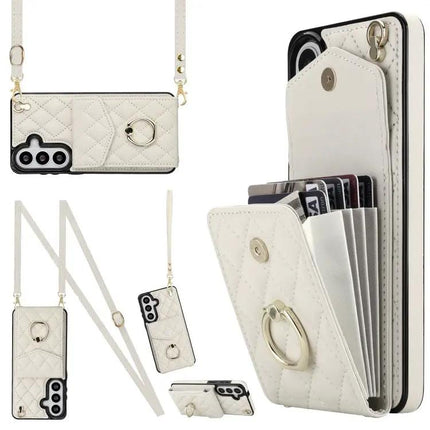 Rhombic Texture Card Wallet Phone Case With Lanyard