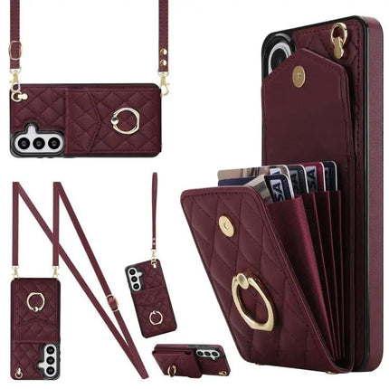 Rhombic Texture Card Wallet Phone Case With Lanyard