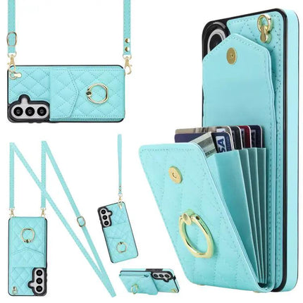 Rhombic Texture Card Wallet Phone Case With Lanyard