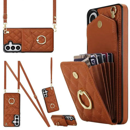 Rhombic Texture Card Wallet Phone Case With Lanyard