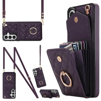 Rhombic Texture Card Wallet Phone Case With Lanyard