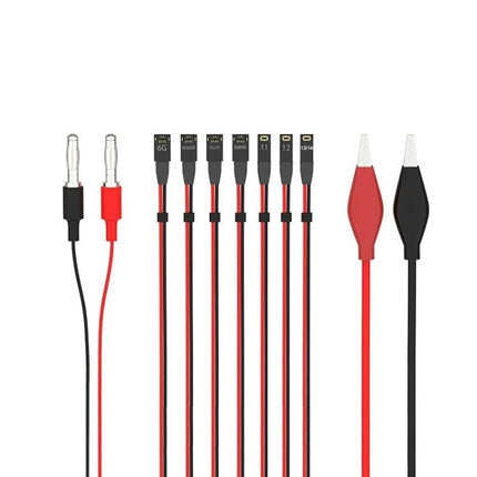 2UUL Ultra Soft Power Cable for iPhone 6 to 14 Pro Max showing multiple labeled connectors, banana plugs and alligator clips for iPhone diagnostics and repairs