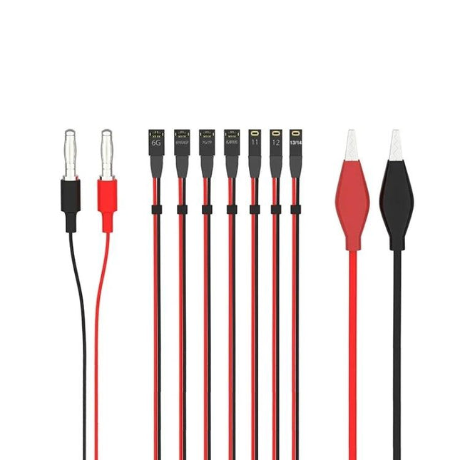 2UUL Ultra Soft Power Cable for iPhone 6 to 14 Pro Max showing multiple labeled connectors, banana plugs and alligator clips for iPhone diagnostics and repairs