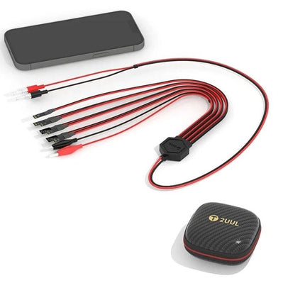 2UUL Ultra Soft Power Cable for iPhone 6 to 14 Pro Max showing red-black multi-tip leads, diagnostic connector hub and carrying case
