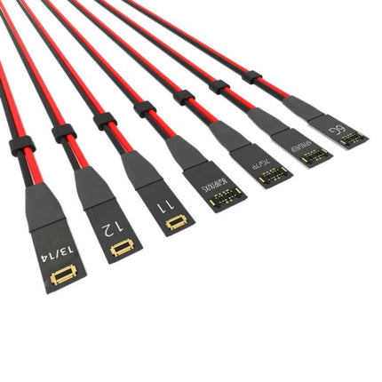 2UUL Ultra Soft Power Cable for iPhone 6 to 14 Pro Max showing multiple labeled flat red and black diagnostic connectors for iPhone models
