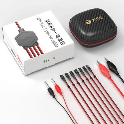 2UUL Ultra Soft Power Cable for iPhone 6 to 14 Pro Max shown with box, carrying case, and multiple red/black test leads for iPhone diagnostics