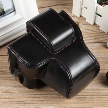 Full Body Leather Protective Camera Case with Strap, Deluxe Edition protecting Canon EOS R50 in black leather with strap