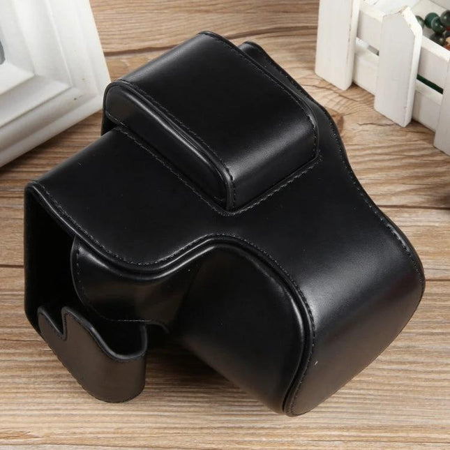 Full Body Leather Camera Case with Strap for Canon EOS R50 - black protective leather camera bag with strap, quick-access full body cover