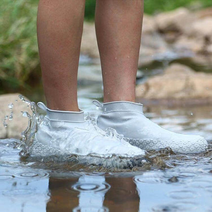 Waterproof Silicone Non-Slip Shoe Covers for Everyday Protection, Sizes S and M - white silicone shoe covers splashing in puddle, non-slip soles