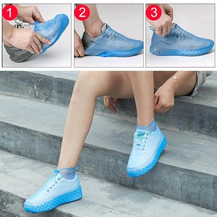 Waterproof Silicone Non-Slip Shoe Covers for Everyday Protection, Sizes S and M - blue silicone shoe covers being pulled on and worn on steps