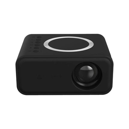 Compact LCD Projector for Portable Home Entertainment and Presentations - compact black tabletop projector with lens and top controls for movies and presentations