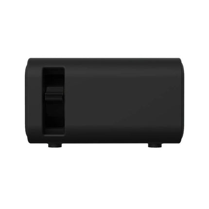 Compact LCD Projector for Portable Home Entertainment and Presentations side view of compact black projector showing lens and adjustment controls