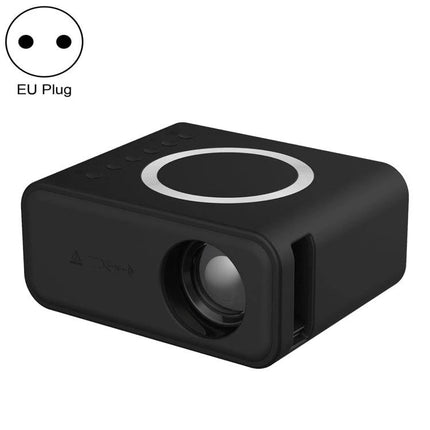 Compact LCD Projector for Portable Home Entertainment and Presentations - black compact projector with lens, top controls and EU plug icon