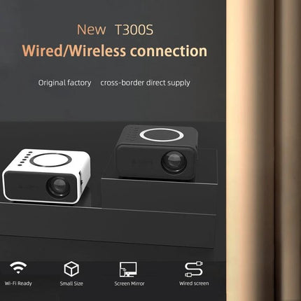 Compact LCD Projector for Portable Home Entertainment and Presentations showing black and white T300S units with wired/wireless connection and Wi‑Fi ready features