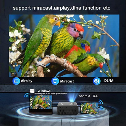 Compact LCD Projector for Portable Home Entertainment and Presentations showing colorful parrot image projected from smartphone and laptop via Airplay Miracast DLNA