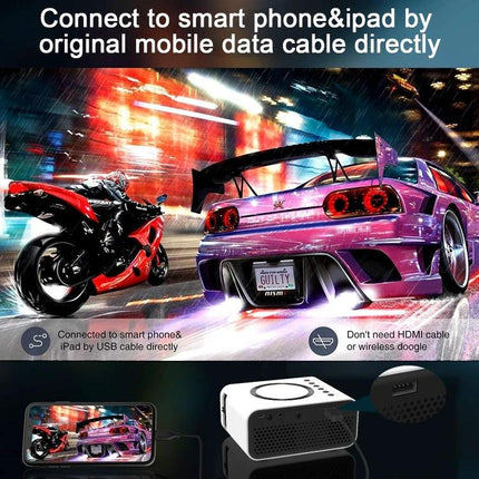 Compact LCD Projector for Portable Home Entertainment and Presentations projecting vibrant car-racing movie from smartphone via USB connection
