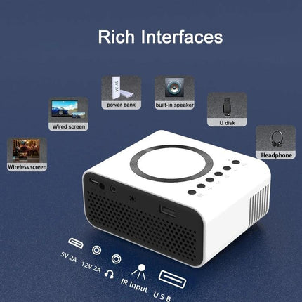 Compact LCD Projector for Portable Home Entertainment and Presentations showing compact white projector with multiple ports and icons for wireless screen, power bank, USB, headphone