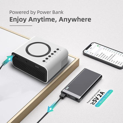 Compact LCD Projector for Portable Home Entertainment and Presentations powered by power bank showing smartphone and portable charger connection