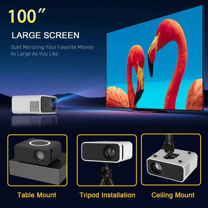 Compact LCD Projector for Portable Home Entertainment and Presentations projecting 100" screen with table, tripod and ceiling mount options