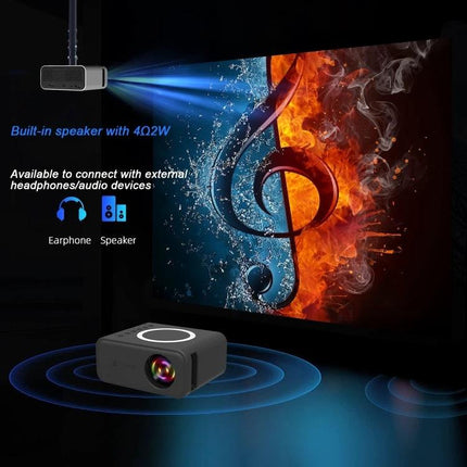 Compact LCD Projector for Portable Home Entertainment and Presentations showing projector casting 100-inch vibrant music-themed image with built-in speaker