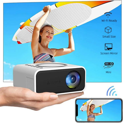 Compact LCD Projector for Portable Home Entertainment and Presentations showing handheld white mini projector with smartphone mirroring beach image