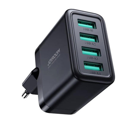 Joyroom USB Charger for Daily Device Charging at Home - black 4-port wall charger for phone, tablet, earbuds