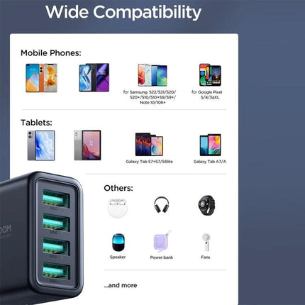 Joyroom USB Charger for Daily Device Charging at Home - 4-port USB charger showing wide compatibility with phones, tablets, earbuds and power banks