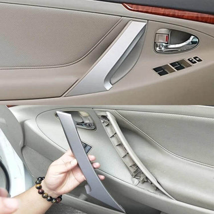 Interior Door Handle Cover For Camry Left Front Replacement installed and removed showing silver direct-fit ABS+PC trim for 2006–2011 Camry