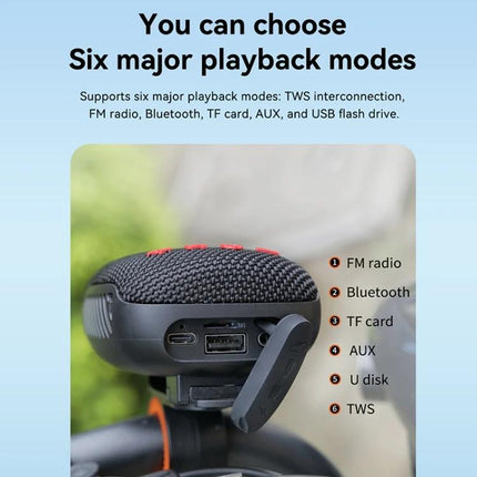 Bluetooth Portable Speaker For Cycling And Daily Outdoor Use showing six playback modes FM Bluetooth TF AUX USB TWS