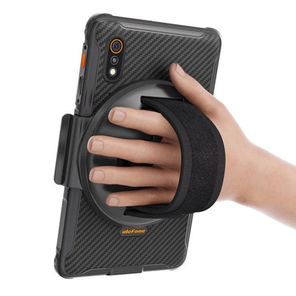 Ulefone Hand Strap and Kickstand for Armor Pad Tablets attached to tablet showing adjustable strap for one-handed grip and kickstand viewing