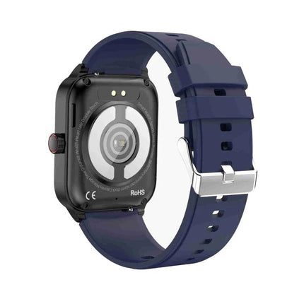 Smart Watch for Daily Health and Activity Monitoring showing back sensors and navy silicone strap