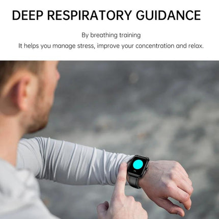 Smart Watch for Daily Health and Activity Monitoring showing wrist breathing guidance app and heart rate tracking during outdoor workout